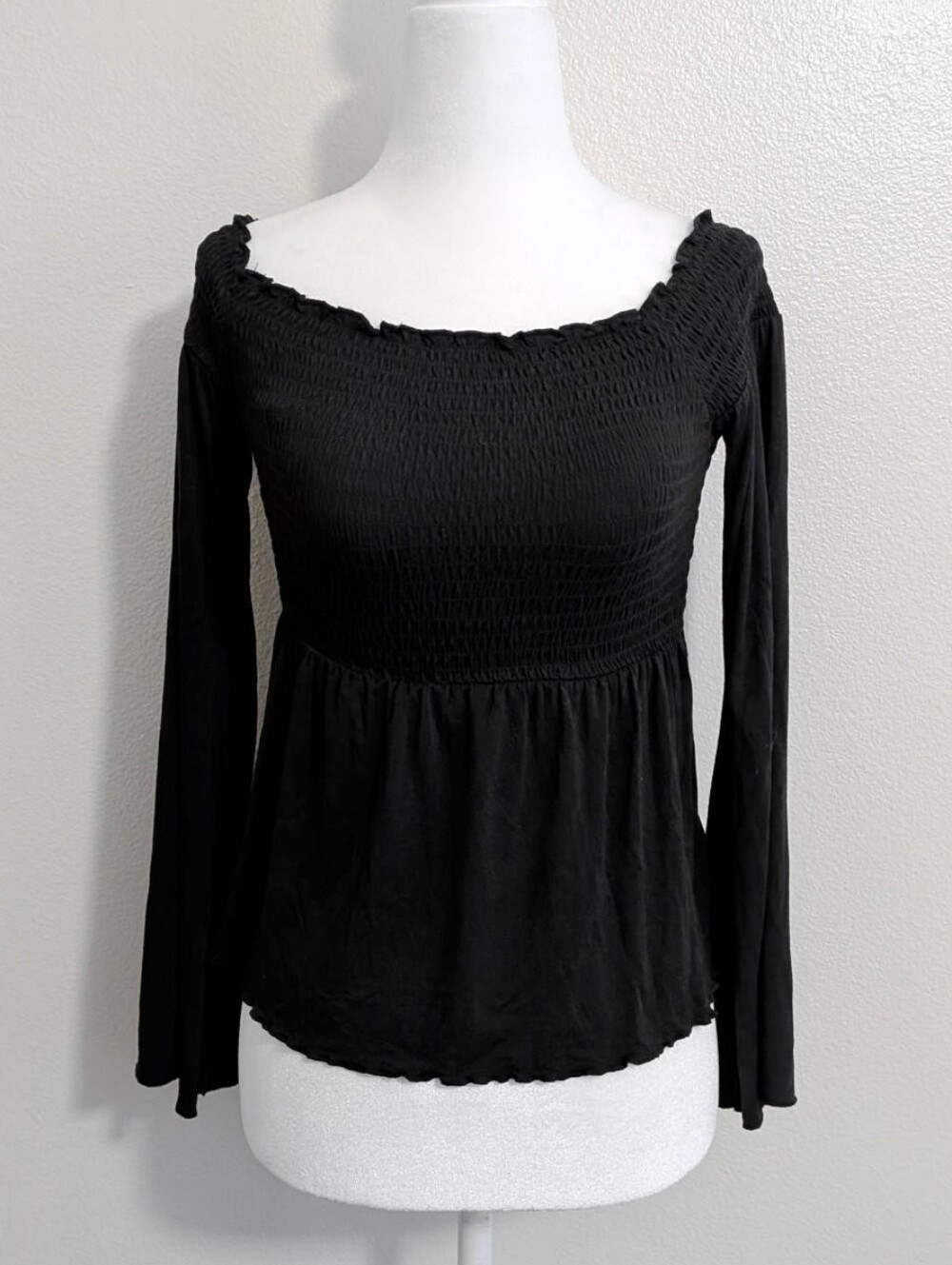 American Eagle Black Gothic Bell Sleeve Ruffle Off The Shoulder Top | Size S